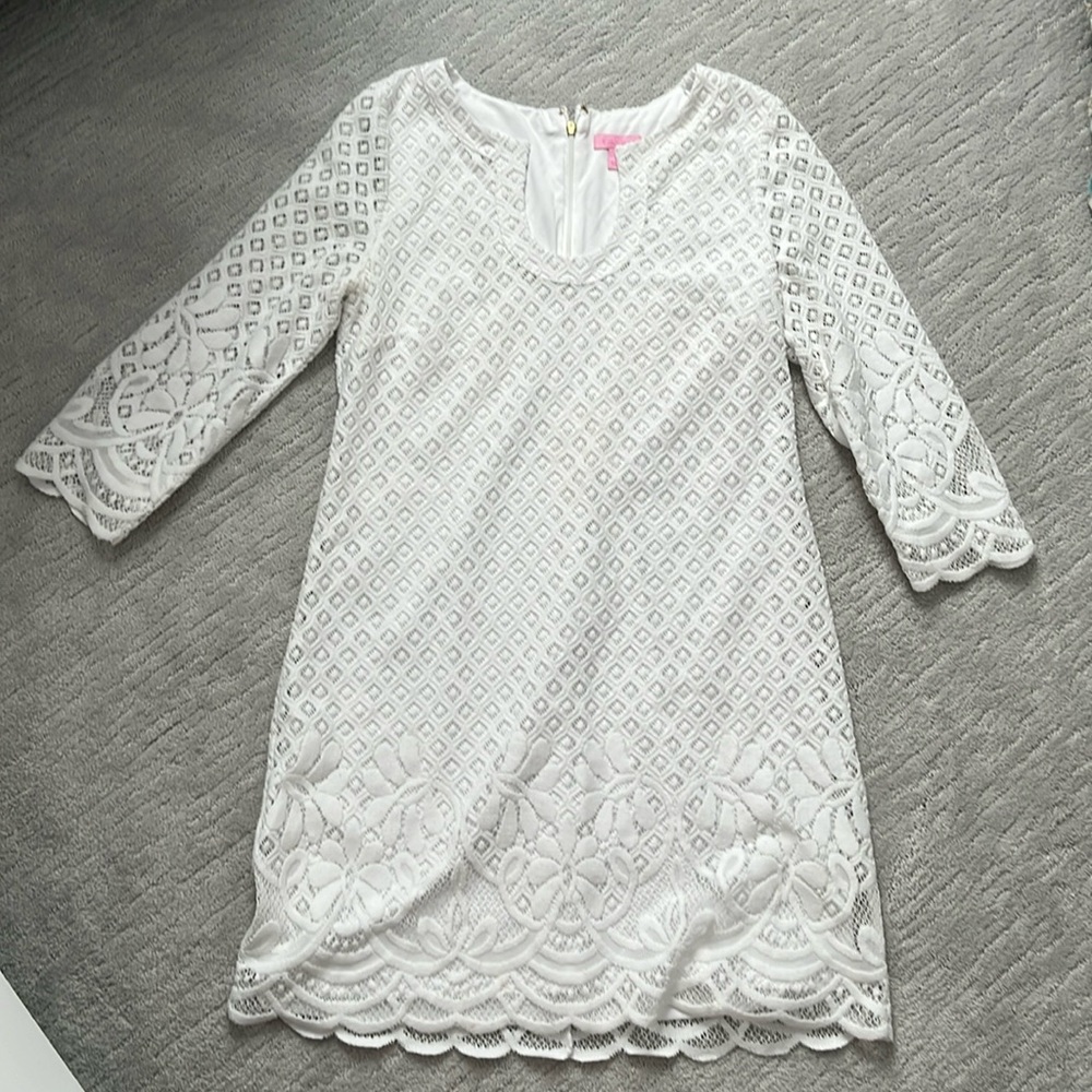Lilly Pulitzer- Long Sleeve Lace Overlay Mini Dress, Size Large, White